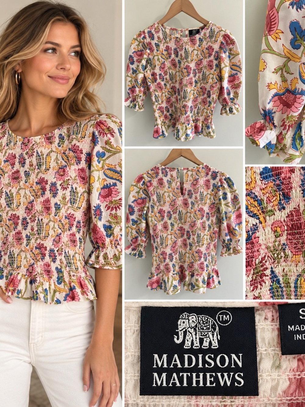 Madison Mathews Floral Smocked Puff Sleeve Peplum Top Size S